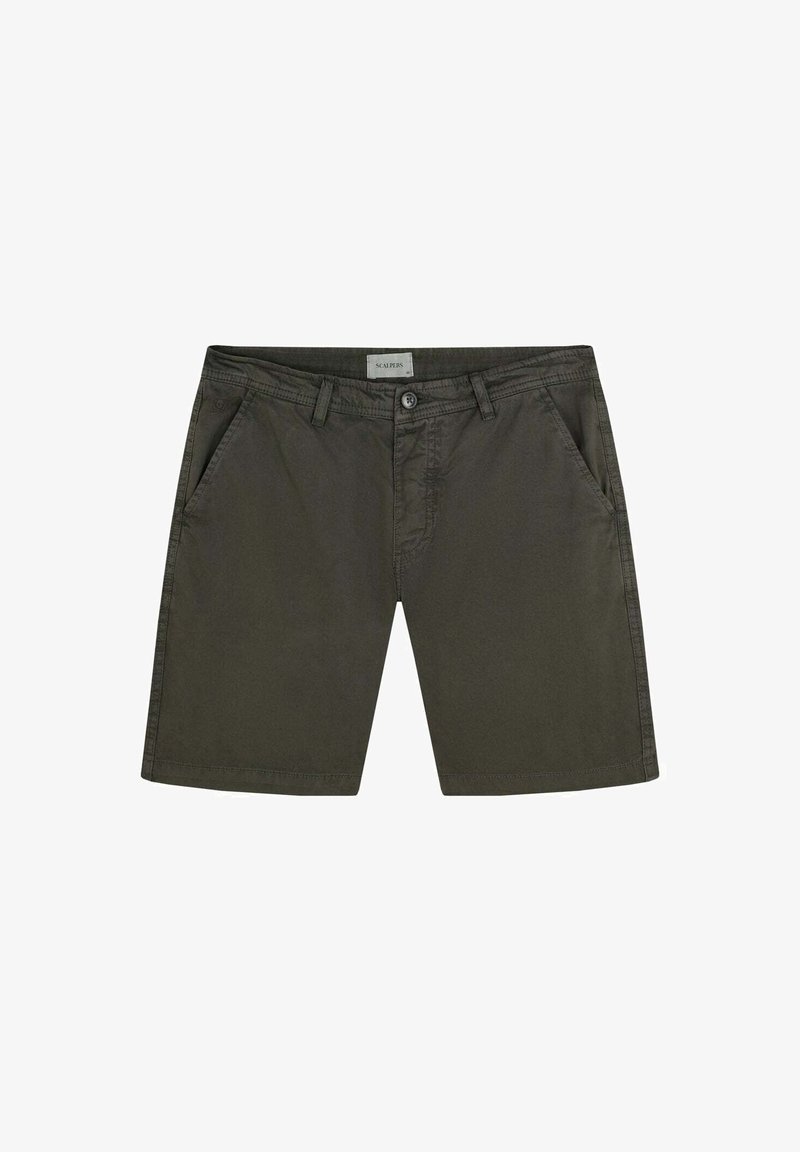 Men's dark green cotton shorts with a flat front, two side pockets, and a button closure. Smooth texture with a straight cut design.