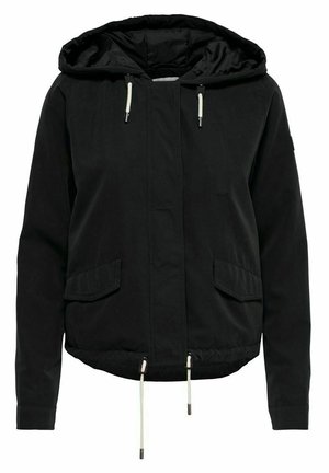 Fekete kapucnis dzseki, elöl cipzárral, két elülső zsebbel, húzózsinórral a deréknál és rugalmas mandzsettákkal. Simális anyag, matt felülettel.