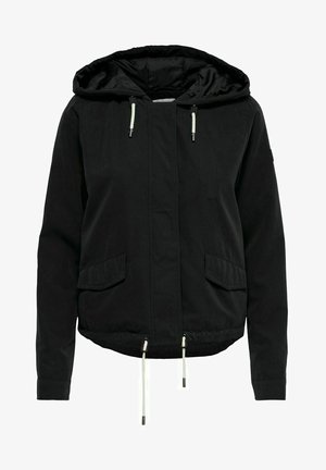 Black hooded jacket with a zip front, two front pockets, drawstring waist, and elastic cuffs. Smooth fabric with matte finish.