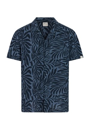 Korte mouw blouse in donkerblauw met een gestructureerde stof met een zwart bladerenpatroon. Voorzien van knopen aan de voorkant en een klassieke kraag.