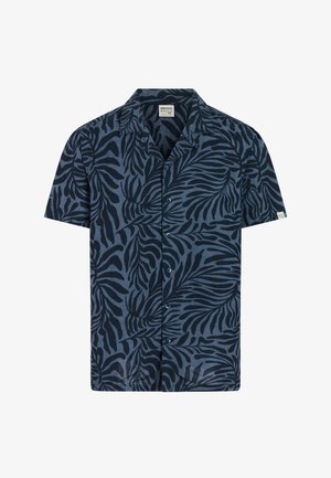 Korte mouw blouse in donkerblauw met een gestructureerde stof met een zwart bladerenpatroon. Voorzien van knopen aan de voorkant en een klassieke kraag.