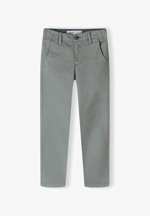 Svijetlosive pamučne chinos hlače s glatkom teksturom, prednjim džepovima, petljama za remen i jednim dugmetom za zatvaranje u struku.