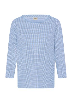 Svijetloplavi dugih rukava s bijelim kariranim uzorkom i okruglim izrezom, prikazan na bijeloj pozadini.