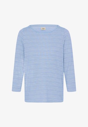 Haut à manches longues bleu clair avec un motif à carreaux blancs et un col rond, présenté sur un fond blanc.