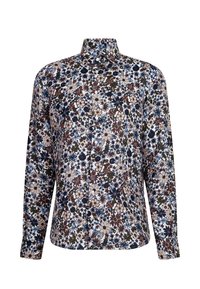 Camicia a manica lunga con motivo floreale nei colori navy, bianco, marrone e verde. Presenta un colletto e una chiusura con bottoni. Materiale in cotone.
