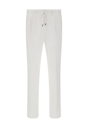 Pantalones blancos ligeros con cinturilla elástica, piernas rectas y pliegues frontales. Textura suave sin patrones ni adornos.