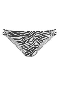 Schwarzes und weißes, zebra-gestreiftes Bikini-Höschen mit verstellbaren seitlichen Riemen und strukturiertem Stoff. Verfügt über ein elegantes, tief sitzendes Design.