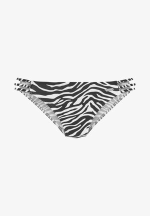 Zebra-gestreepte bikini-bodem in zwart-wit met verstelbare zijbandjes en textuurstof. Heeft een slank, laag uitgesneden ontwerp.