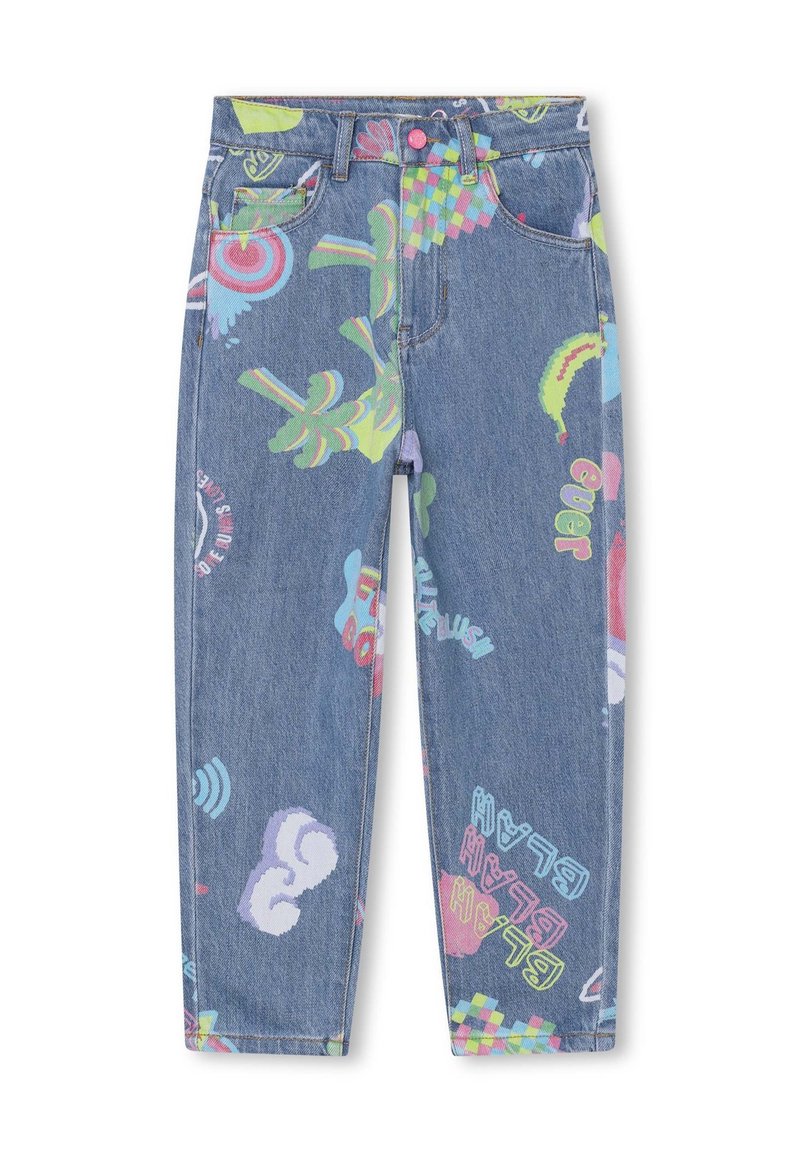 Blå denimjeans med en avslappnad passform, prydda med färgglada grafiska tryck, inklusive former och text, över tyget. Standardfickor.