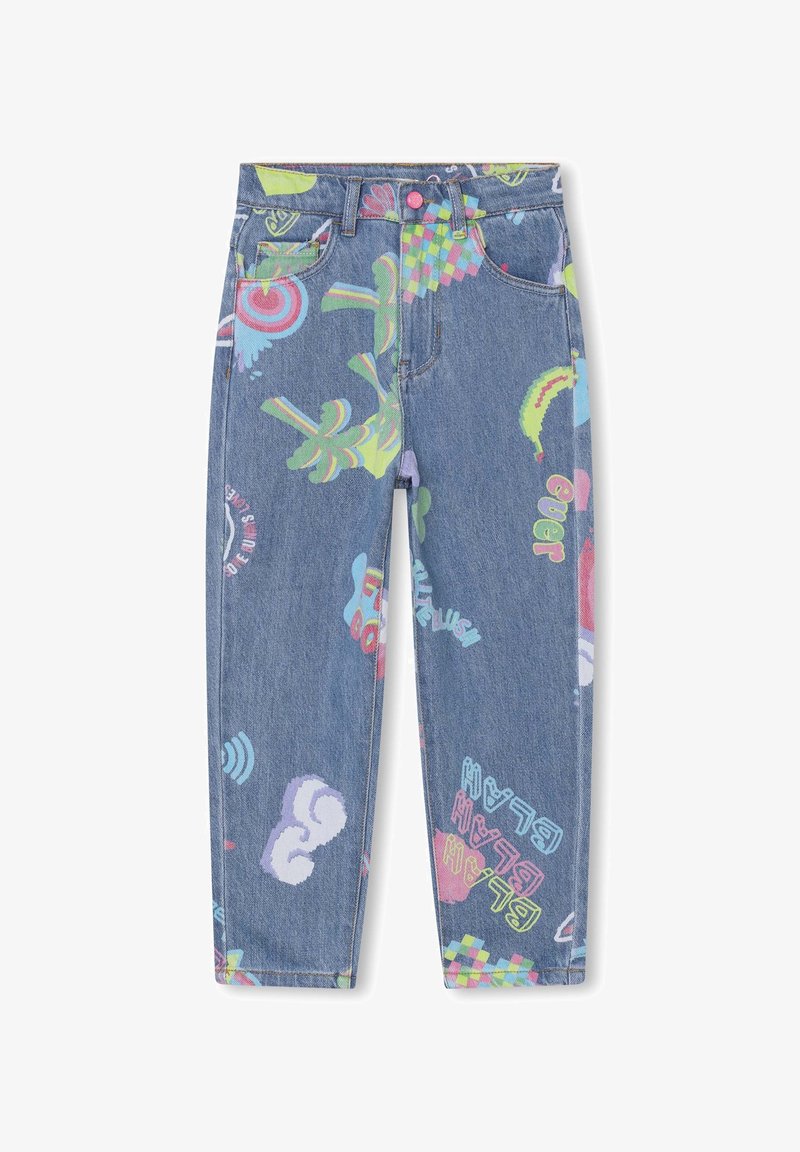 Blue denim jeans with a relaxed fit, featuring colorful graphic prints, including shapes and text, across the fabric. Standard pockets.