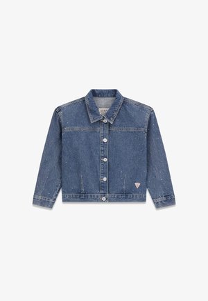 Veste en jean bleue avec fermeture à boutons, manches longues, col et petit écusson logo en bas à gauche.