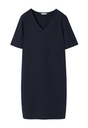 Mornaričko plava haljina kratkih rukava s V-izrezom, izrađena od mekog materijala, s ravnim krojem i minimalnim šavnim detaljima.