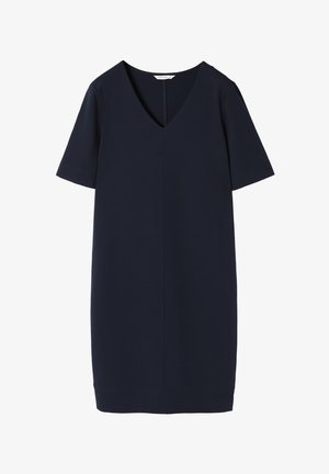 Navy blauw kort mouwend jurkje met een V-hals, gemaakt van zachte stof, met een rechte snit en minimale naden.