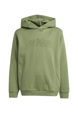 Hoodie Adidas vert en tissu texturé, avec une poche kangourou à l'avant et un logo brodé. Présente une capuche à enfiler et des poignets côtelés.