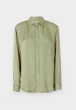 Μακρυμάνικο πουκάμισο με πράσινες και κίτρινες κάθετες ρίγες, διαθέτοντας τσέπη στο στήθος και μπλε κουμπιά. Φτιαγμένο από μαλακό ύφασμα.