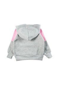 Sweat à capuche gris avec des accents roses sur les épaules, doté d'une poche avant et d'une capuche avec cordon. Confectionné dans un tissu doux et confortable avec des poignets côtelés.