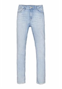 Jeans de mezclilla azul claro con un corte slim, diseño de cinco bolsillos, cierre de botón y un sutil desgaste en la tela.