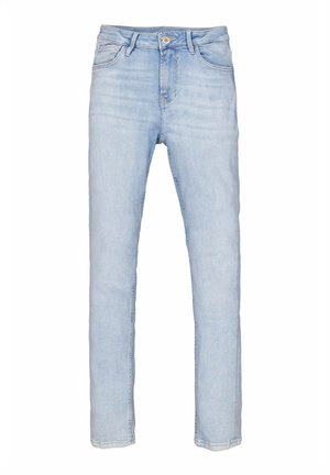 Helle blaue Denim-Jeans mit Slim-Fit, Fünf-Taschen-Design, Knopfverschluss und subtiler Ausbleichung des Stoffs.