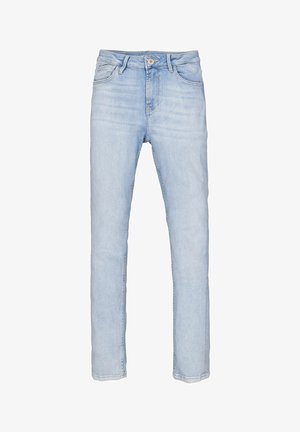 Lichtblauwe denimjeans met een slim-fit, vijf-pocket ontwerp, knoopsluiting en subtiele vervaging op de stof.