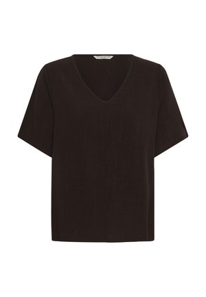 Black short-sleeve V-neck shirt with a straight hem, displayed on a plain white background.