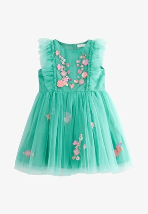 Türkises Kleid mit gerafften Schultern, bestickten Blumenmustern in Rosa und Lila sowie einem mehrlagigen Tüllrock.