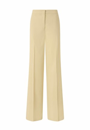 Pantaloni beige a gamba larga con vita alta, caratterizzati da linee pulite, senza tasche e una texture liscia. Progettati per una vestibilità rilassata.