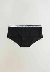 Black cotton hipster underwear with a white elastic waistband featuring the brand name "NEXT" printed repeatedly. Smooth texture, classic design.