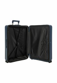 Blauer Hartschalenkoffer mit einem Teleskopgriff, zwei Rädern und einem geräumigen Innenraum, der mit schwarzem Stoff ausgekleidet ist und Fächer sowie Riemen enthält.