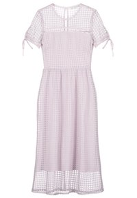 Robe midi violet clair à manches courtes, col rond, détails noués sur les manches et un overlay en dentelle texturée sur toute la robe.