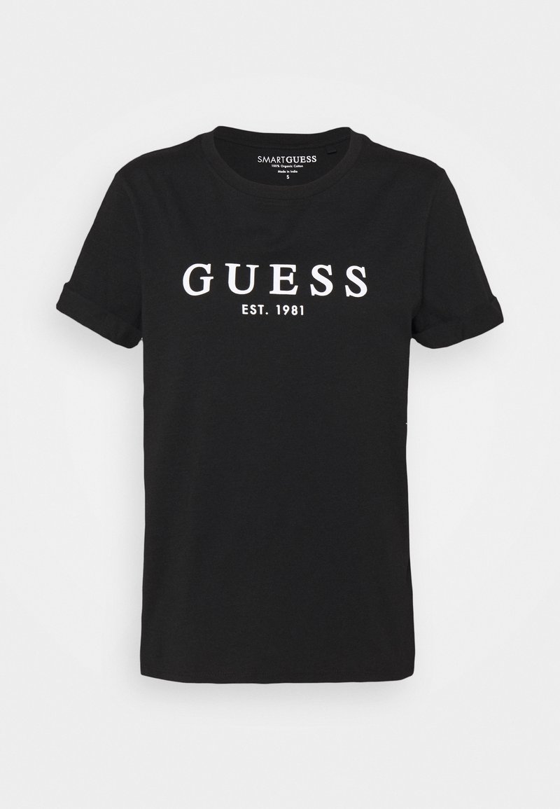 Czarny T-shirt z krótkim rękawem, z białym nadrukiem "GUESS EST. 1981" na przodzie, z okrągłym dekoltem i małymi podwiniętymi mankietami na rękawach.