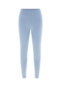 Leggings bleu clair en tissu extensible avec une taille haute, présentant une texture lisse et une coupe ajustée.