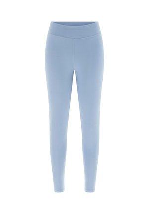 Light blue leggings made from stretchy fabric with a high waistband, featuring a smooth texture and a fitted design.