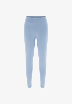 Lichtblauwe legging gemaakt van rekbare stof met een hoge tailleband, voorzien van een gladde textuur en een aansluitend ontwerp.