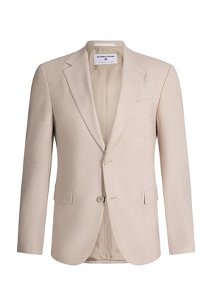 Beiger einreihiger Herrenblazer mit Notch-Revers, zwei Knöpfen, Pattentaschen und glattem Innenfutter.