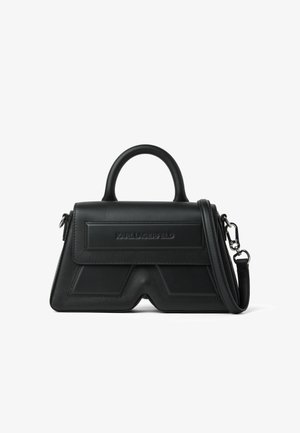 Zwarte gestructureerde handtas met een handvat aan de bovenkant, afneembare schouderriem en een geperst "Karl Lagerfeld"-logo op de voorklep.