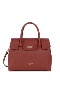 Borsa a tracolla in pelle marrone con finiture dorate, design strutturato, doppio manico superiore e tracolla removibile. Presenta una chiusura a patta frontale.