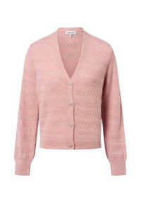 Hellrosa gestrickte Strickjacke mit V-Ausschnitt, langen Ärmeln und dekorativen Knöpfen mit floralem Design. Durchgehend strukturiertes Muster.