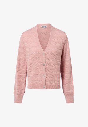 Hellrosa gestrickte Strickjacke mit V-Ausschnitt, langen Ärmeln und dekorativen Knöpfen mit floralem Design. Durchgehend strukturiertes Muster.