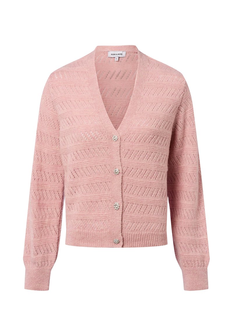 Hellrosa gestrickte Strickjacke mit V-Ausschnitt, langen Ärmeln und dekorativen Knöpfen mit floralem Design. Durchgehend strukturiertes Muster.