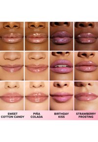 Lipgloss tinten weergegeven in vier rijen, die verschillende afwerkingen tonen, waaronder glanzend en sprankelend. Kleuren variëren van transparant tot zachte roze en paarse tinten.