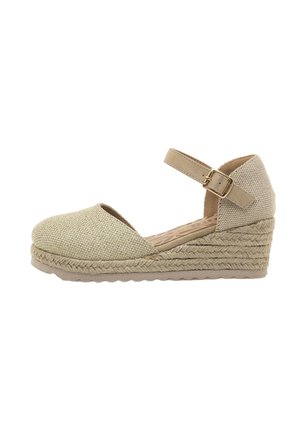 Wedge-Espadrille in Hellbeige, mit einem strukturierten Obermaterial, offener Zehenpartie, Knöchelriemen mit Schnalle und gewebtem Jute-Mittelsohle.