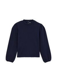 Marinblå långärmad topp med rund halsringning och puffärmar. Har en texturerad mönster och knappstängning bak.