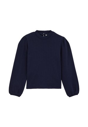 Maglia a maniche lunghe blu navy con scollo rotondo e maniche a sbuffo. Presenta un motivo testurizzato e chiusura con bottoni sul retro.