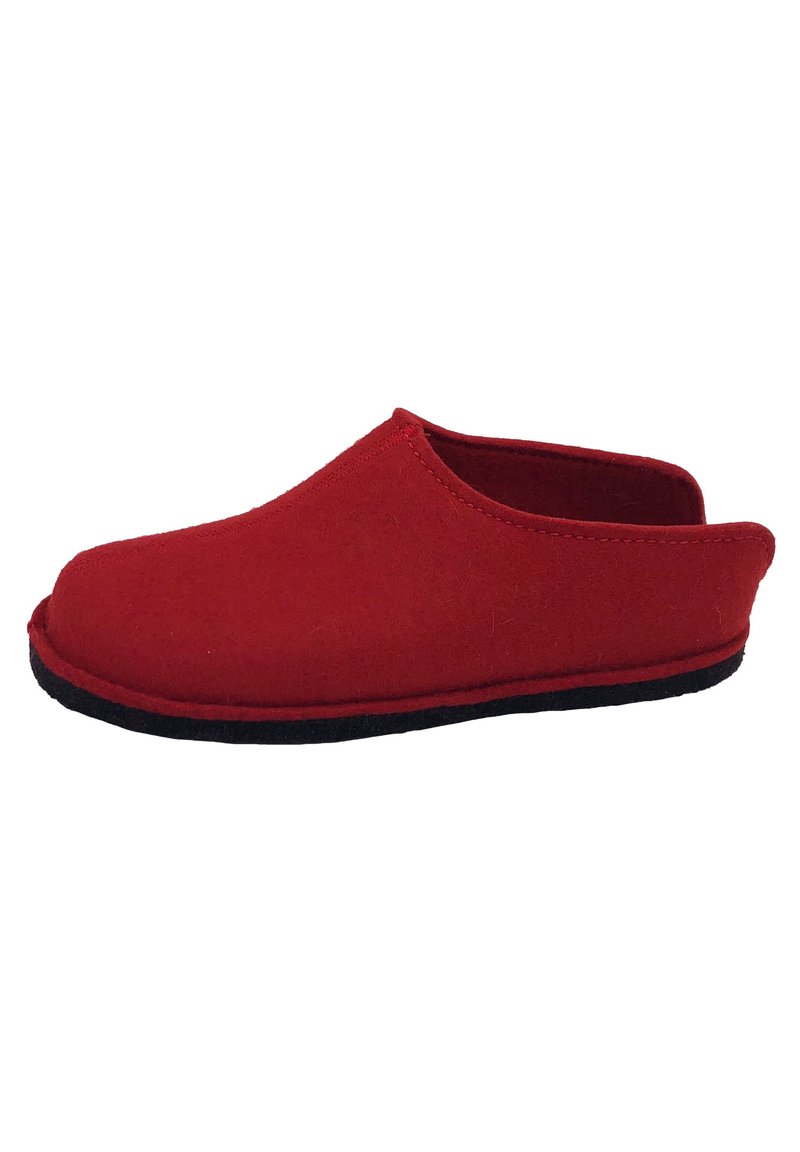 Pantofole rosse realizzate in morbido feltro, con punta arrotondata, design aperto sul retro e suola in gomma nera. Costruzione semplice e senza cuciture.