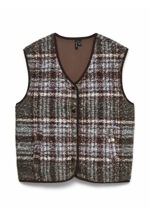 Volneni brezrokavnik brez rokavov z rjavim, modrim in belim karo vzorcem, z V-izrezom in sprednjimi pritiskači, prikazan na belem ozadju.