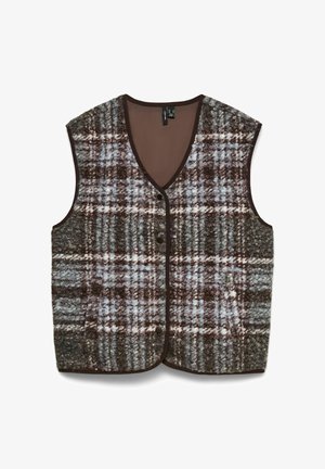 Volneni brezrokavnik brez rokavov z rjavim, modrim in belim karo vzorcem, z V-izrezom in sprednjimi pritiskači, prikazan na belem ozadju.