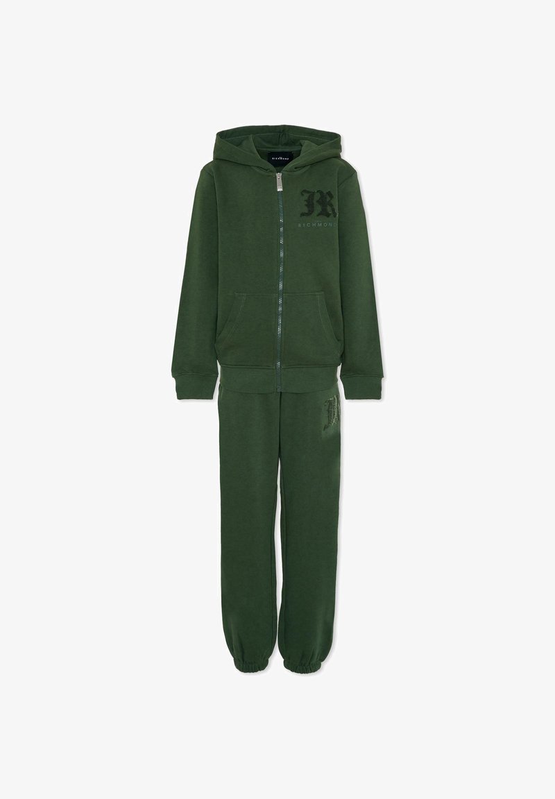 Groene katoenen hoodie en bijpassende joggers. De hoodie heeft een ritssluiting, zakken en logodetail; de joggers hebben elastische boorden en een logoversiering.