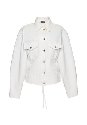 Biała kurtka jeansowa z przodem na guziki, dwoma klapkowymi kieszeniami na piersiach, długimi rękawami i sznurkiem w talii.