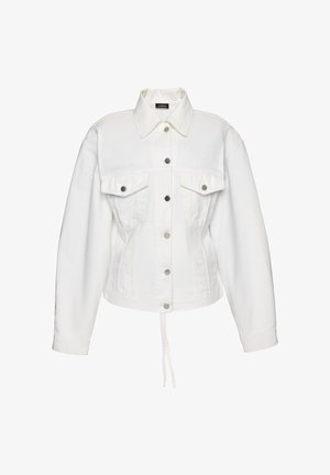 Biała kurtka jeansowa z przodem na guziki, dwoma klapkowymi kieszeniami na piersiach, długimi rękawami i sznurkiem w talii.