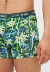 Zöld és kék trópusi pálma mintázatú boxeralsó, sötétzöld derékkal, amelyen a "BJÖRN BORG" logó látható.